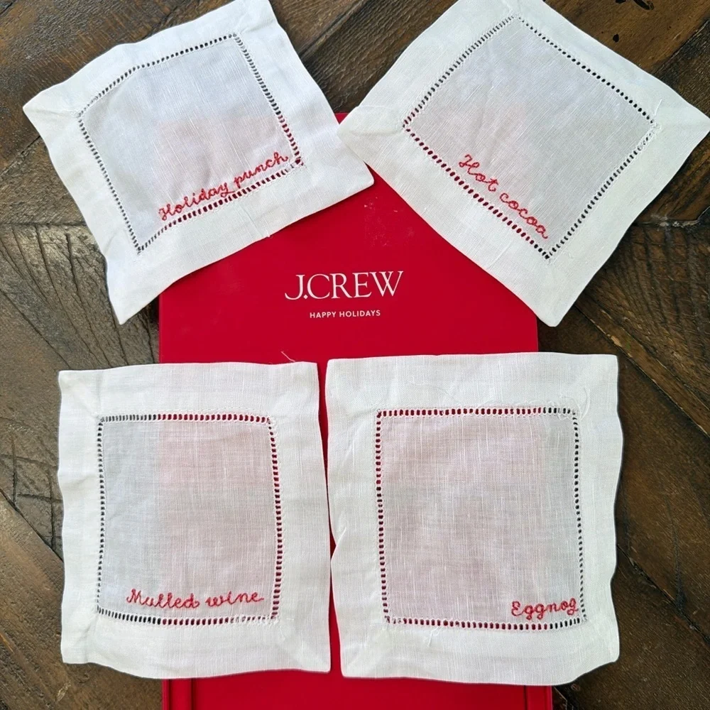 J. Crew Red and White Holiday Punch Embroidered Napkin Set